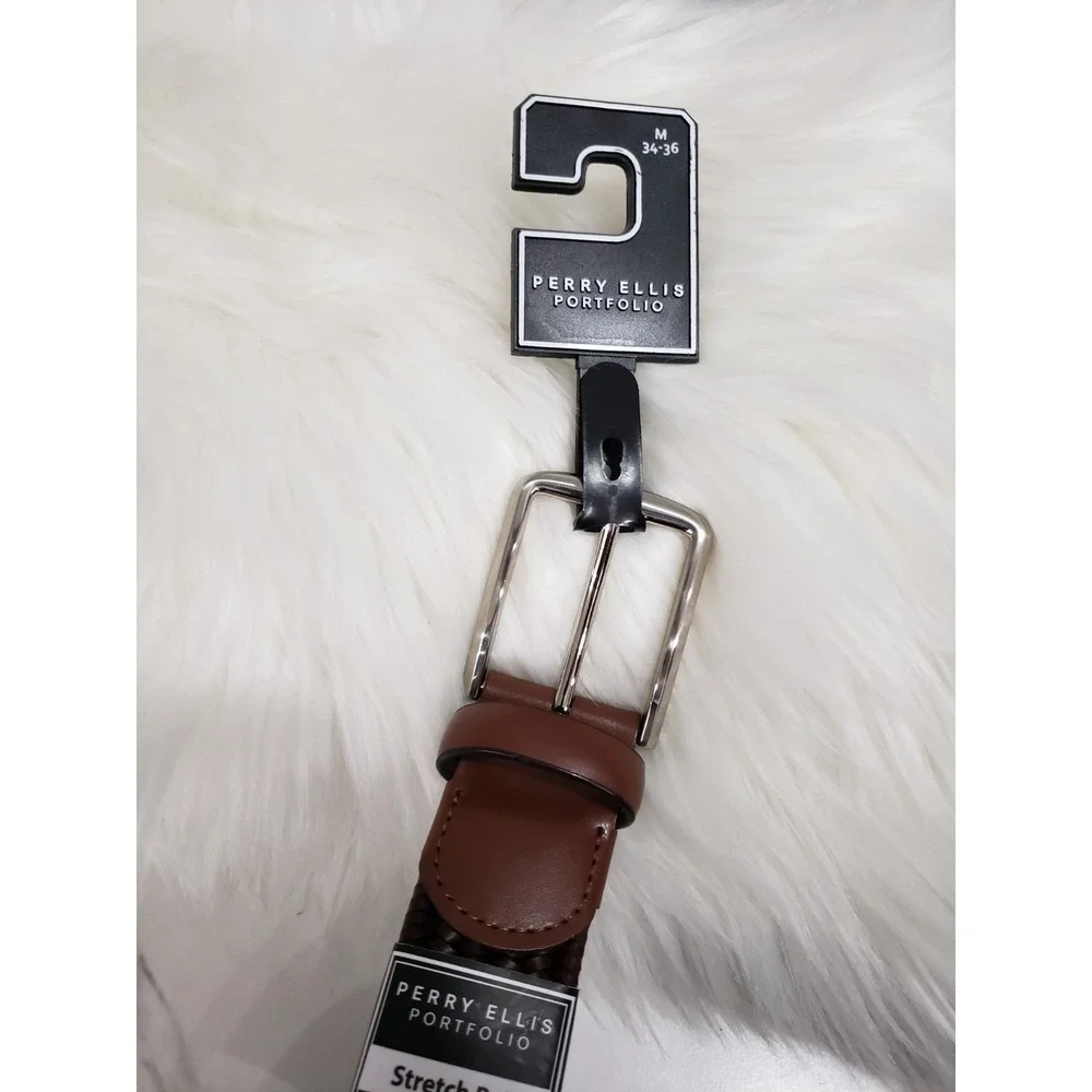 NEW Perry Ellis Portfolio Men's Stretch Braided Belt Brown Size MEDIUM prep golf